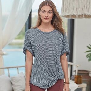 Sundance Ashlyn Linen Blend Twist Knot Short-Sleeve Tee Black/White Stripe Large